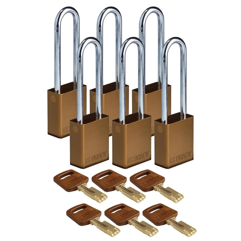Brady SafeKey Padlock Aluminum 6-pack - Lockout Padlock with Key - Lockout Tagout Security Lock for Indoor and Outdoor Use - Shackle Height 76.20 mm - Keyed Differently - Brown