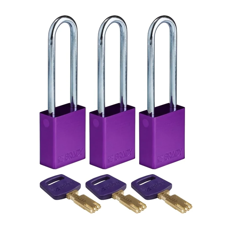 Brady SafeKey Padlock Aluminum 3-pack - Lockout Padlock with Key - Lockout Tagout Security Lock for Indoor and Outdoor Use - Shackle Height 76.20 mm - Keyed Alike - Purple