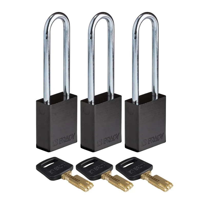 Brady SafeKey Padlock Aluminum 3-pack - Lockout Padlock with Key - Lockout Tagout Security Lock for Indoor and Outdoor Use - Shackle Height 76.20 mm - Keyed Alike - Black