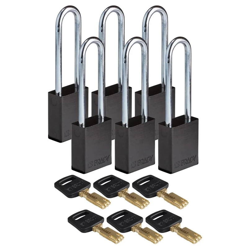 Brady SafeKey Padlock Aluminum 6-pack - Lockout Padlock with Key - Lockout Tagout Security Lock for Indoor and Outdoor Use - Shackle Height 76.20 mm - Keyed Differently - Black