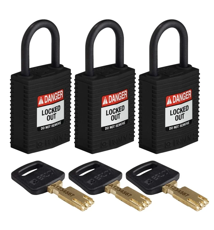 Brady SafeKey Lockout Padlock Nylon Black 1.0" Plastic Shkl Keyed Alike 3 Pk