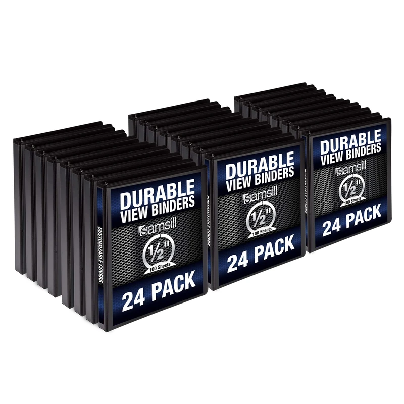 Samsill Durable .5 Inch Binder Black Round Ring Binder/Customizable Clear View Binder/Bulk Binder 24 Pack/Black 3 Ring Binder/Half Inch Binder