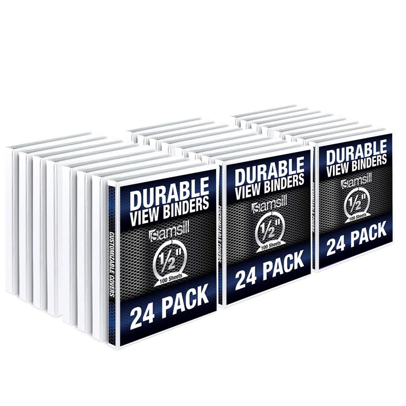 Samsill Durable .5 Inch Binder, Made in The USA, Round Ring Customizable Clear View Binder, White, 24 Pack (MP248417)