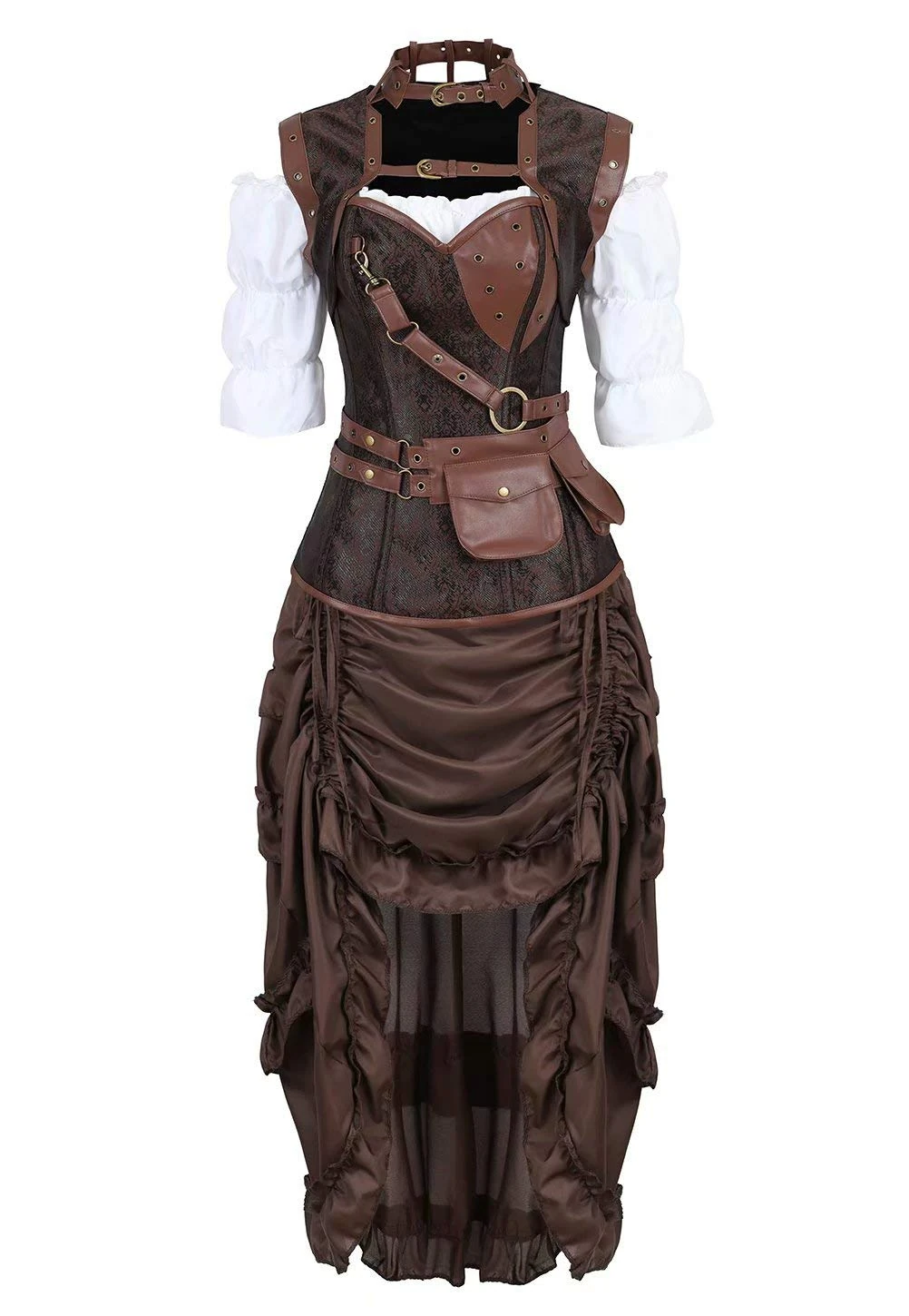 Steampunk Corset Dress 3 Piece Outfits Leather Bustiers Pirate Skirt White Blouse Set Women Vintage Retro Brown L