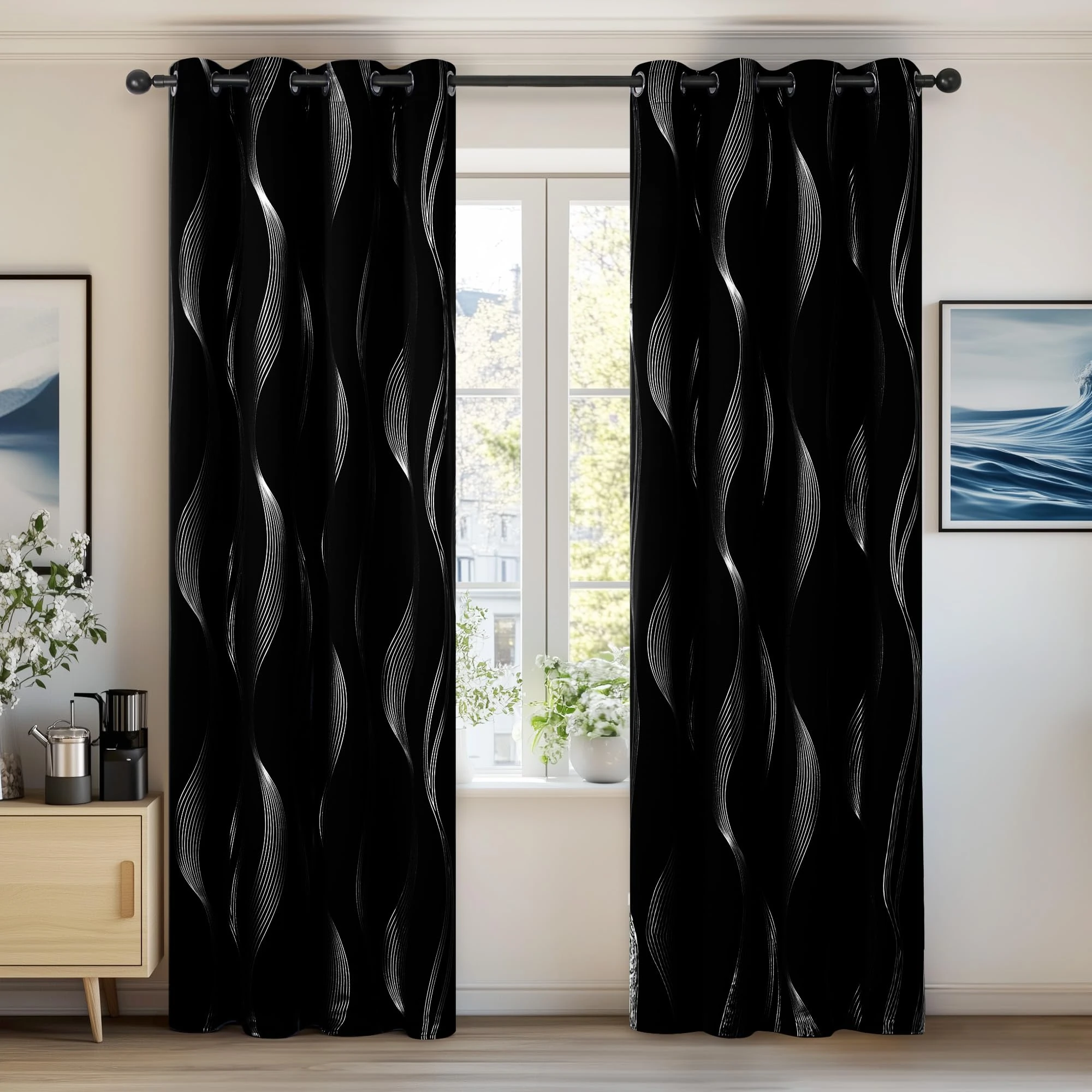 Deconovo Black Curtains Blackout 46 x 54 Drop Wave Line Foil Printed Thermal Insulated Super Soft Window Treatment Eyelet Curtains for Bedroom 46 x 54 Inch Black Two Panels