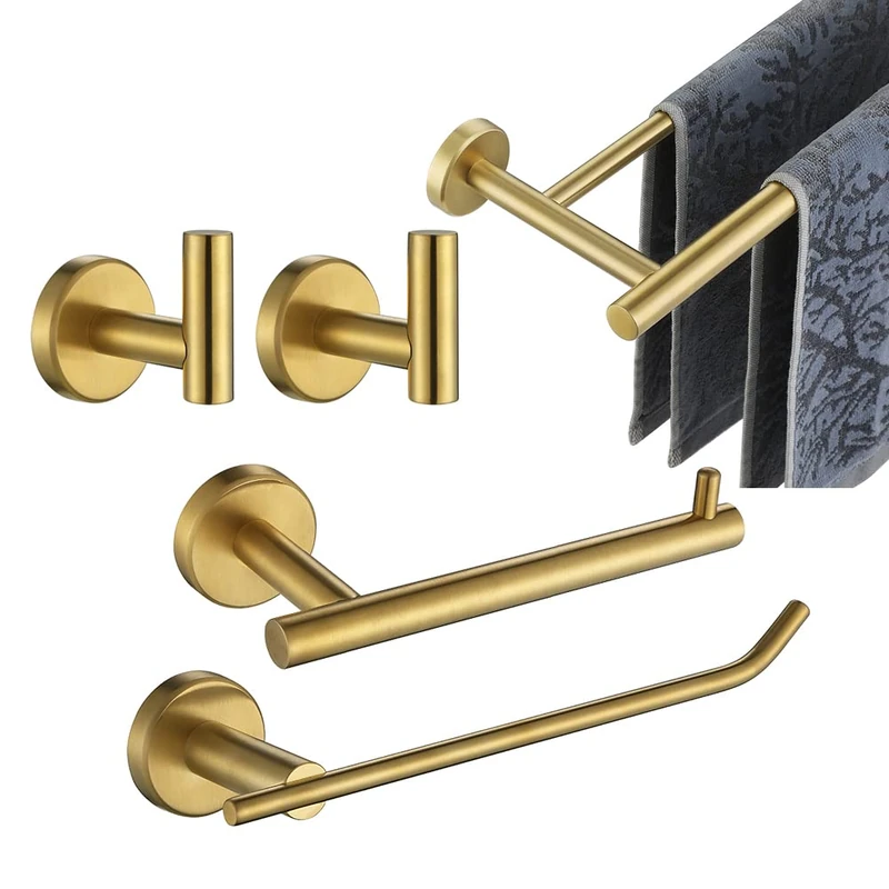 JQK Bathroom Hardware Set, 5-Piece Bath Accessories Set Brushed Gold Wall Mount Includes 24 in Towel Bar, 9 in HT Bar, TP Holder, Towel Hook x 2, BAS105-BG