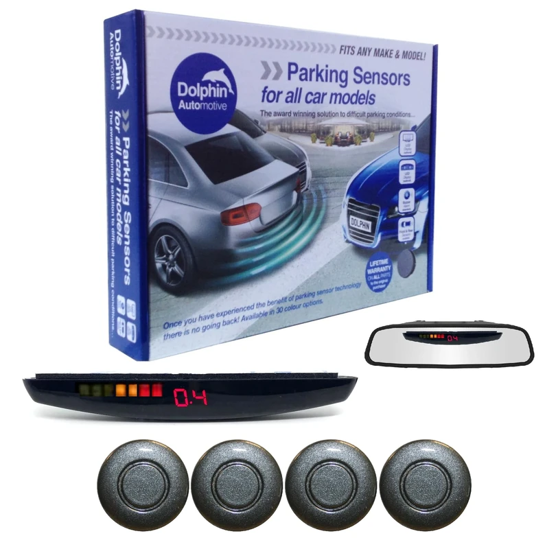 Dolphin DPS455 Reverse Parking Sensors In 32 Colours 4 Ultrasonic Radar Sensors Kit Audio & Rear Roof Mounted Display Alert System Matt & Gloss Black +30 More Colours (Iron Grey)