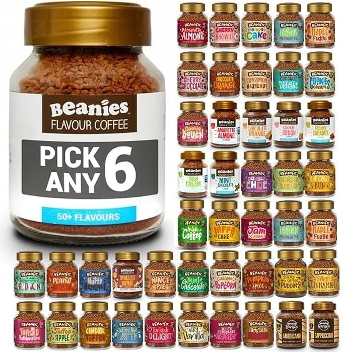 Beanies Flavoured Instant Coffee Pick Any 6 Jars (50g) from 38+ Blends Inc. Chai Latte, Nutty Hazelnut, Mocha, Creamy Caramel, Amaretto Almond, double chocolate, mince pie