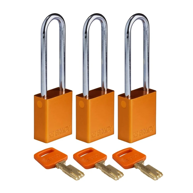 Brady SafeKey Padlock Aluminum 3-pack - Lockout Padlock with Key - Lockout Tagout Security Lock for Indoor and Outdoor Use - Shackle Height 76.20 mm - Keyed Alike - Orange
