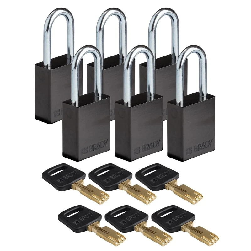 Brady SafeKey Padlock Aluminum 6-pack - Lockout Padlock with Key - Lockout Tagout Security Lock for Indoor and Outdoor Use - Shackle Height 38.10 mm - Keyed Differently - Black