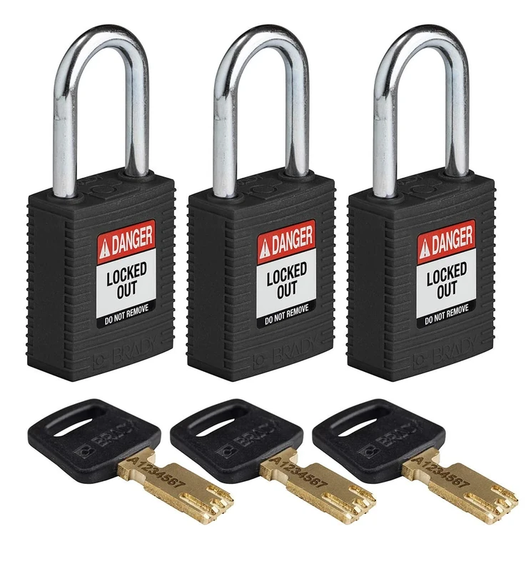SafeKey Nylon/Steel Padlock, 38mm x 84mm x 19mm, Black, Pack of 3