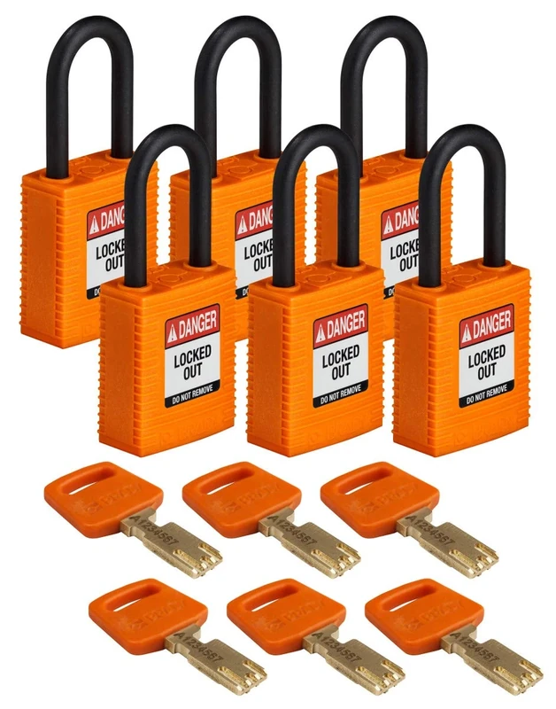 SafeKey Nylon Padlock, 38mm x 84mm x 19mm, Orange, Pack of 6