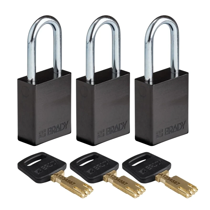 Brady SafeKey Padlock Aluminum 3-pack - Lockout Padlock with Key - Lockout Tagout Security Lock for Indoor and Outdoor Use - Shackle Height 38.10 mm - Keyed Alike - Black