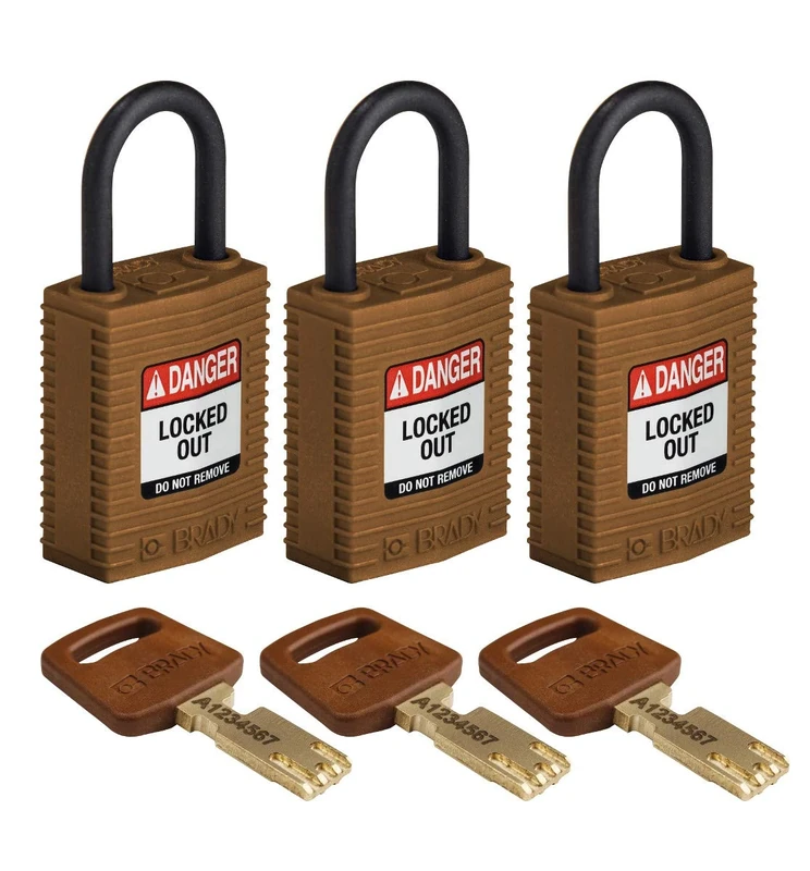 Brady SafeKey Lockout Padlock Nylon Brown 1.0" Plastic Shkl Keyed Alike 3 Pk