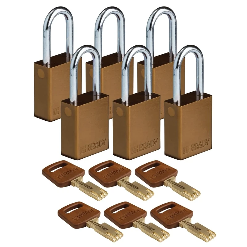 Brady SafeKey Padlock Aluminum 6-pack - Lockout Padlock with Key - Lockout Tagout Security Lock for Indoor and Outdoor Use - Shackle Height 38.10 mm - Keyed Differently - Brown