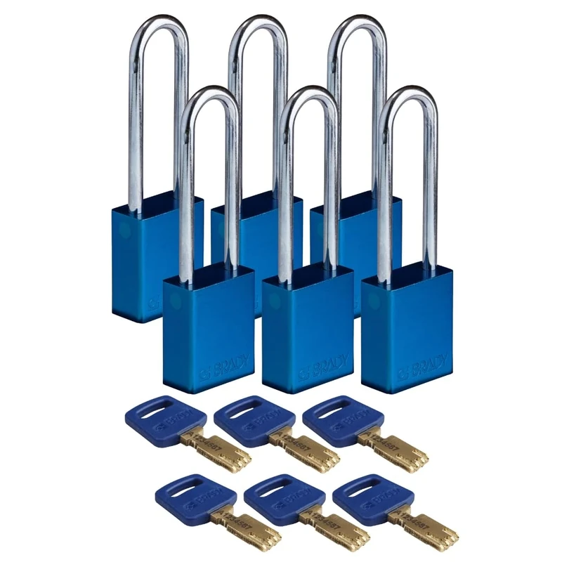 Brady SafeKey Padlock Aluminum 6-pack - Lockout Padlock with Key - Lockout Tagout Security Lock for Indoor and Outdoor Use - Shackle Height 76.20 mm - Keyed Differently - Blue