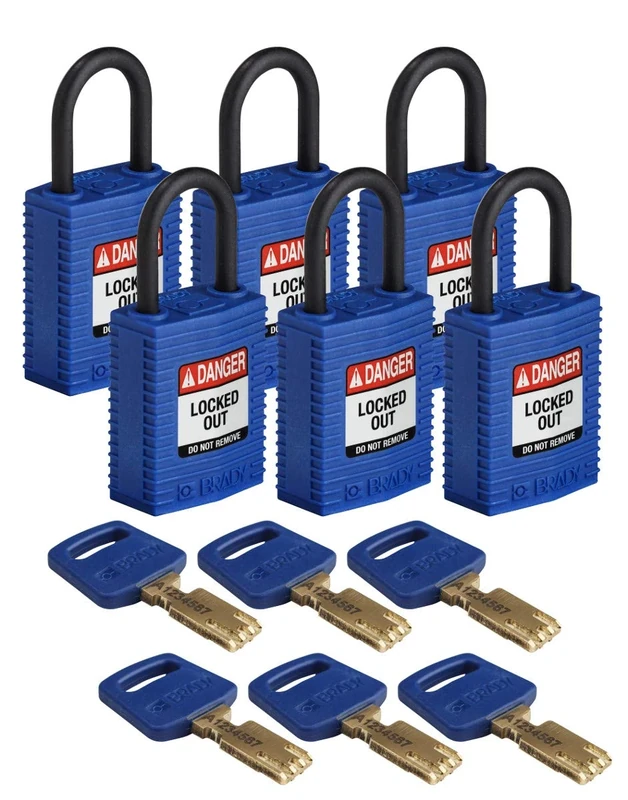 Brady SafeKey Compact Padlock, Nylon Shackle, 33mm x 67mm x 19mm, Blue, Pack of 6