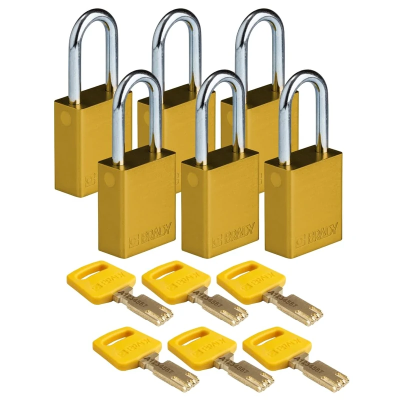 Brady SafeKey Padlock Aluminum 6-pack - Lockout Padlock with Key - Lockout Tagout Security Lock for Indoor and Outdoor Use - Shackle Height 38.10 mm - Keyed Differently - Yellow