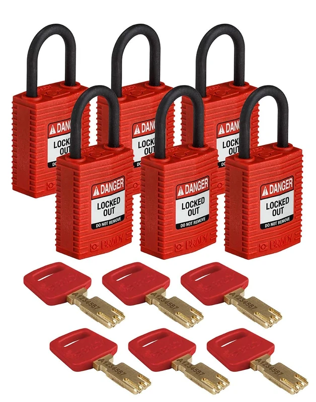 Brady SafeKey Compact Padlock, Nylon Shackle, 33mm x 67mm x 19mm, Red, Pack of 6