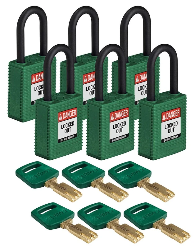 Brady SafeKey Nylon Padlock, Nylon Shackle, 38mm x 84mm x 19mm, Green, Pack of 6