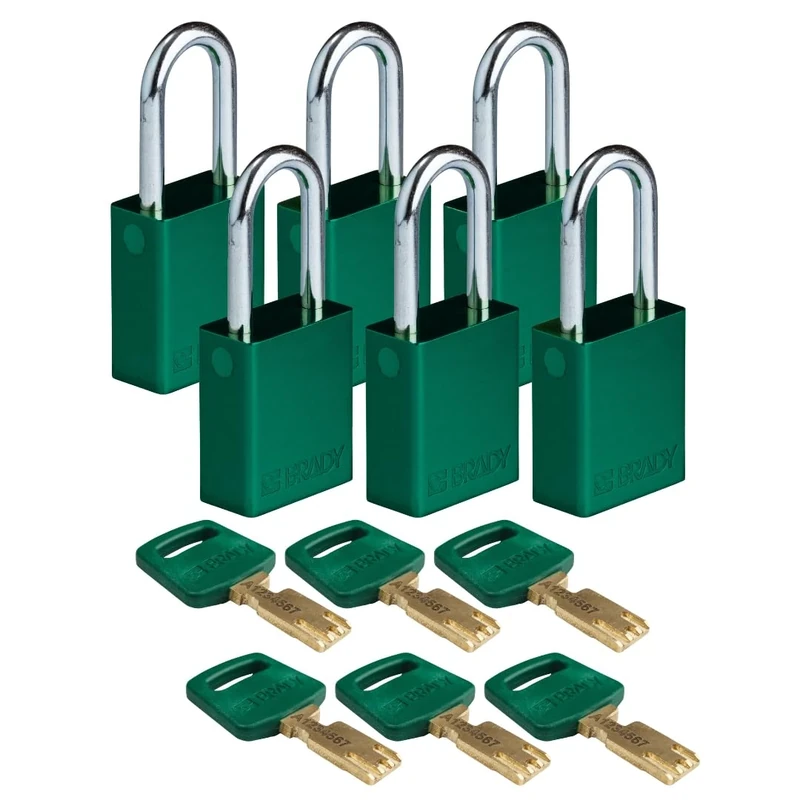 Brady SafeKey Padlock Aluminum 6-pack - Lockout Padlock with Key - Lockout Tagout Security Lock for Indoor and Outdoor Use - Shackle Height 38.10 mm - Keyed Differently - Green