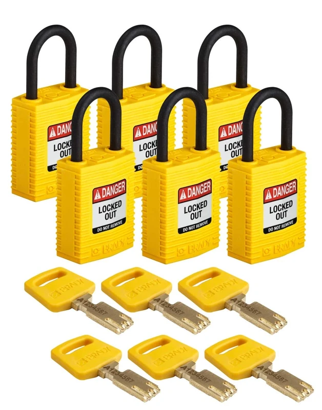 Brady SafeKey Compact Padlock, Nylon Shackle, 33mm x 67mm x 19mm, Yellow, Pack of 6