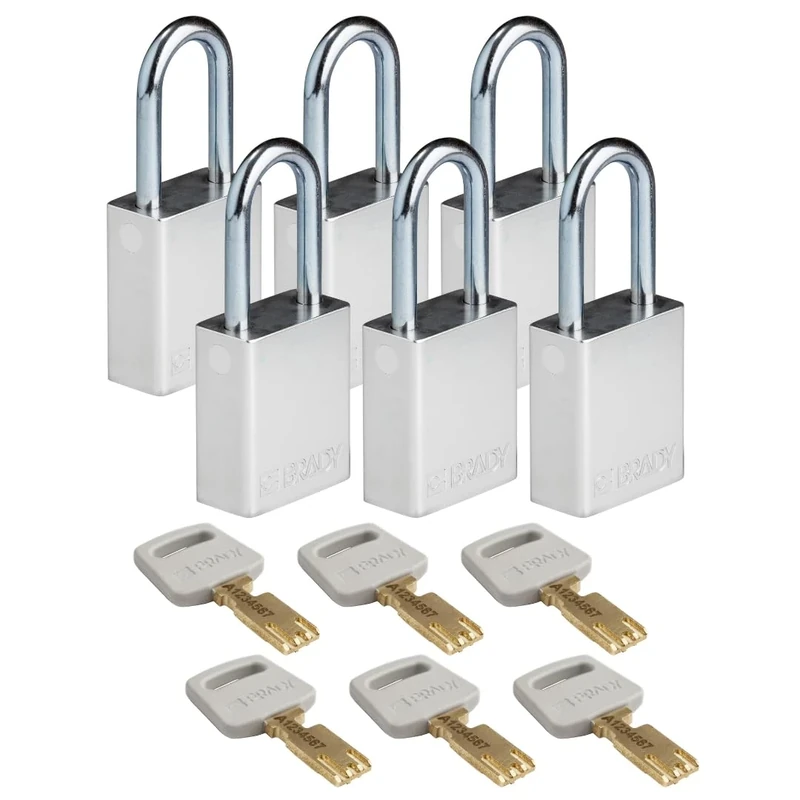 Brady SafeKey Padlock Aluminum 6-pack - Lockout Padlock with Key - Lockout Tagout Security Lock for Indoor and Outdoor Use - Shackle Height 38.10 mm - Keyed Differently - Silver