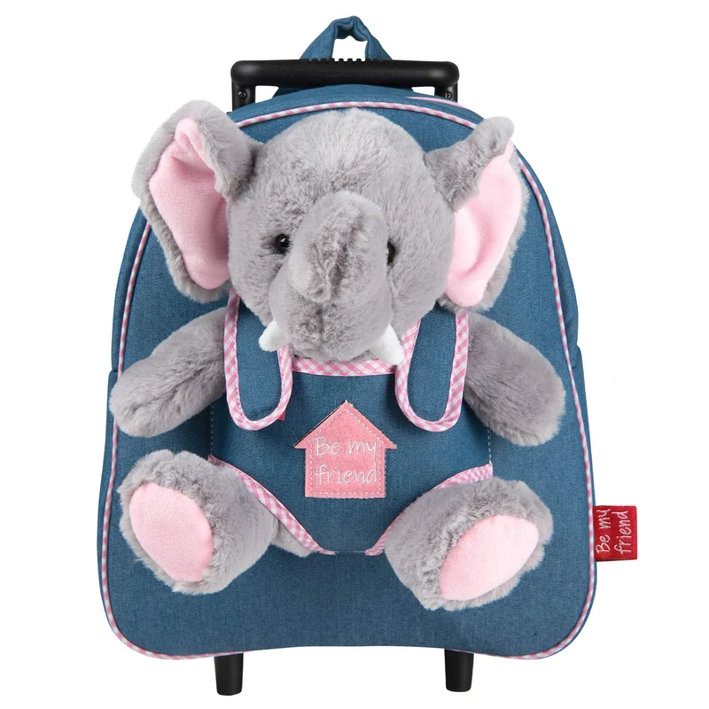PERLETTI Carry On Backpack Plush Elephant Children 3 4 5 Years - Toddler Boy Girl Handbag with Removable Stuffed Soft Puppet Detachable Wheels - Small Jeans Luggage for Kids - 32x28x11 cm (Elephant)