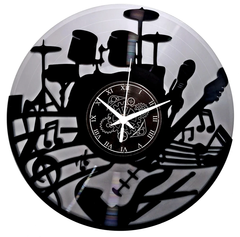 Instant Karma Clocks Vinyl Wall Clock Guitar Music Keyboard Drummer Battery, Rock Band Colour Silver and Black