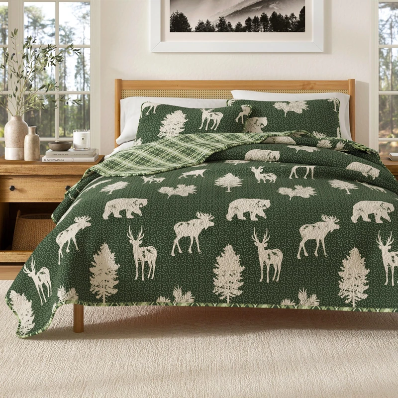 Full/Queen Bed Cover with 2 Pillowcases 3-Piece Reversible All-Year Mountain House Set Rustic Rio Ridge Collection Forest Green