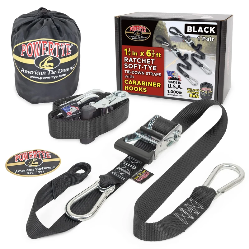 PowerTye - Made in USA - Heavy Duty Ratchet Tie Down Straps with Carabiner Hooks, Soft-Tye & Storage Bag, for Motorcycle, ATV, Trailer & Cargo, 1,000 lb WLL, 1.5 inch x 6.5ft Long, Black/Black (Pair)