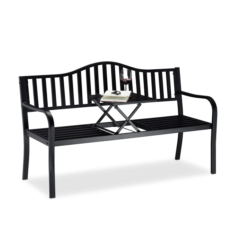 Relaxdays, Black Garden Bench with Pop, 3 Seater. Integrated Table, Weatherproof, H x W x D 90 x 150 x 57.5 cm