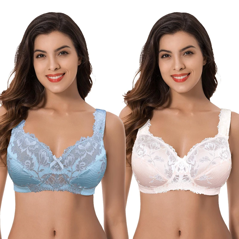 Curve Muse Womens Plus Size Minimizer Unlined Wireless Lace Full Coverage Bras - Pink - 48DD