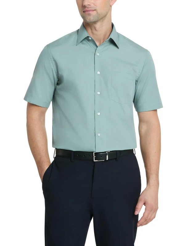 Van Heusen Men's Short Sleeve Dress Shirt Regular Fit Poplin Solid, Ocean Mist, 15" Neck