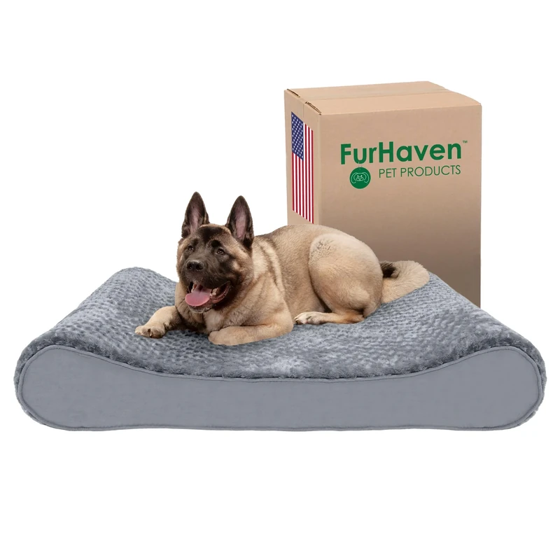 FurHaven Memory Foam Dog Bed for Large Dogs w/Removable Washable Cover, For Dogs Up to 150 lbs - Ultra Plush Faux Fur & Suede Luxe Lounger Contour Mattress - Gray, Jumbo Plus/XXL