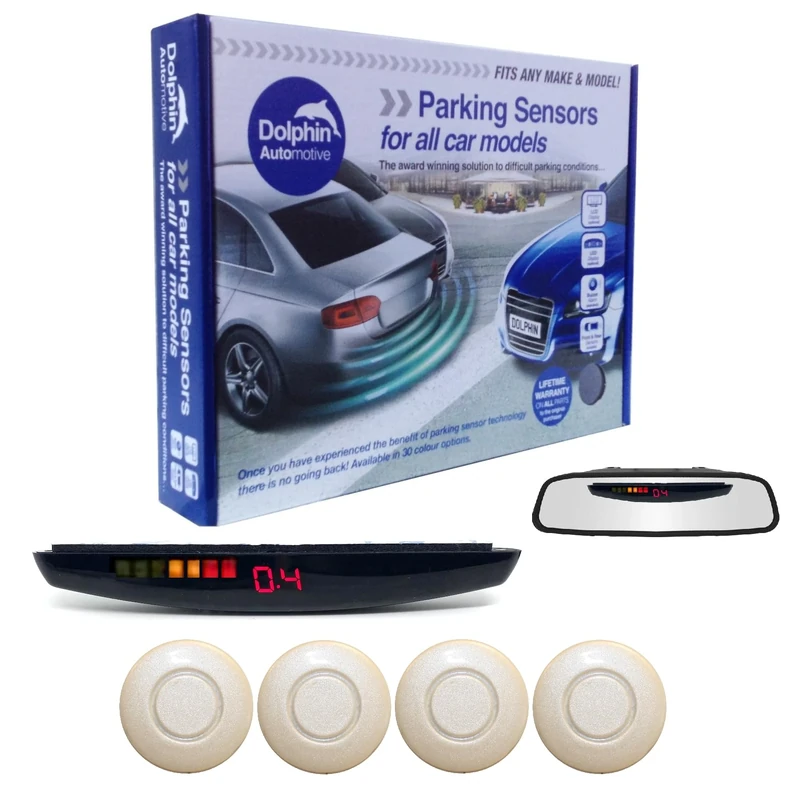 Dolphin DPS455 Reverse Parking Sensors In 32 Colours 4 Ultrasonic Radar Sensors Kit Audio & Rear Roof Mounted Display Alert System Matt & Gloss Black +30 More Colours (Pearl White)