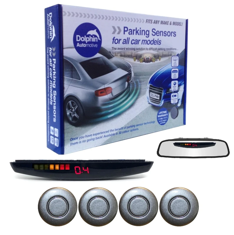 Dolphin DPS455 Reverse Parking Sensors In 32 Colours 4 Ultrasonic Radar Sensors Kit Audio & Rear Roof Mounted Display Alert System Matt & Gloss Black +30 More Colours (Storm Grey)