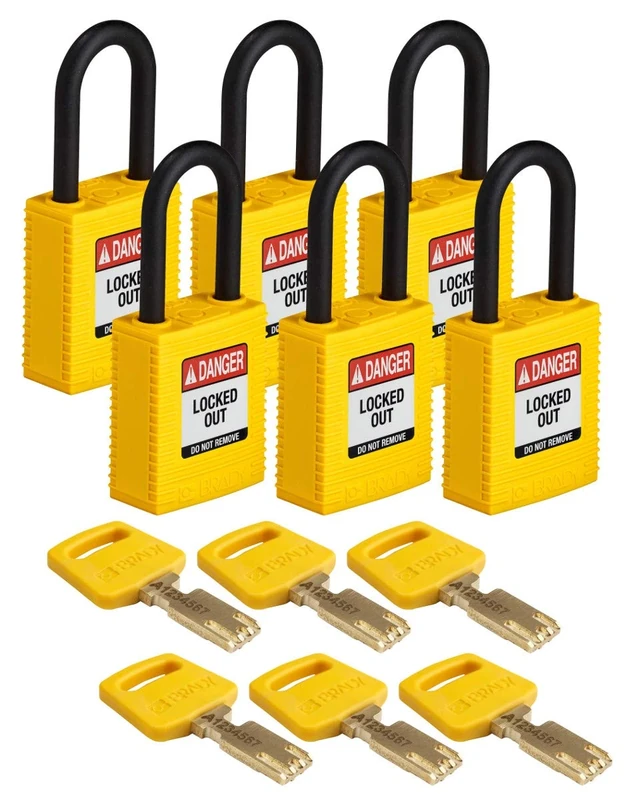 Brady SafeKey Nylon Padlock, Nylon Shackle, 38mm x 84mm x 19mm, Yellow, Pack of 6