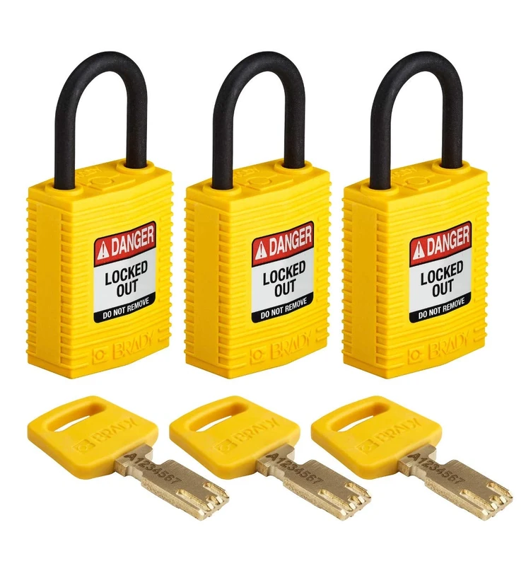 Brady SafeKey Lockout Padlock Nylon Yellow 1.0" Plastic Shkl Keyed Alike 3 Pk