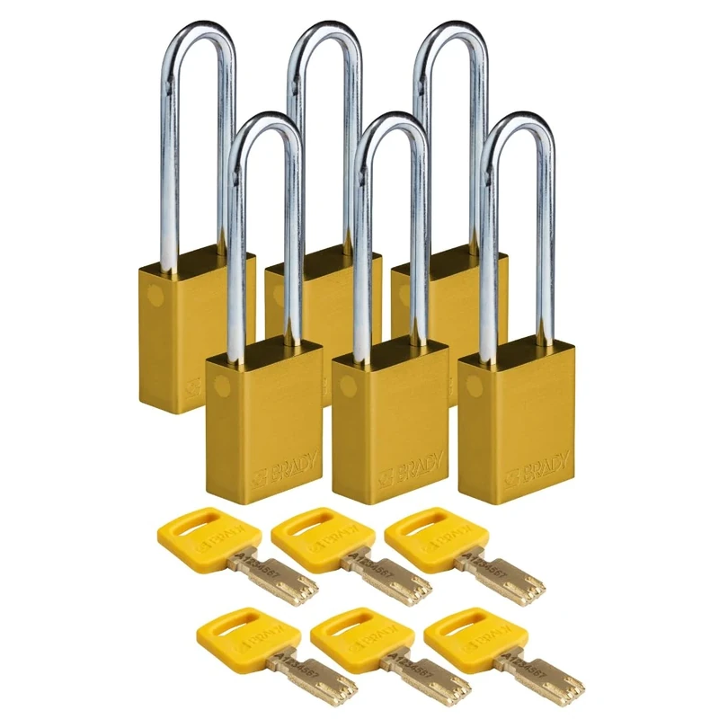 Brady SafeKey Padlock Aluminum 6-pack - Lockout Padlock with Key - Lockout Tagout Security Lock for Indoor and Outdoor Use - Shackle Height 76.20 mm - Keyed Differently - Yellow