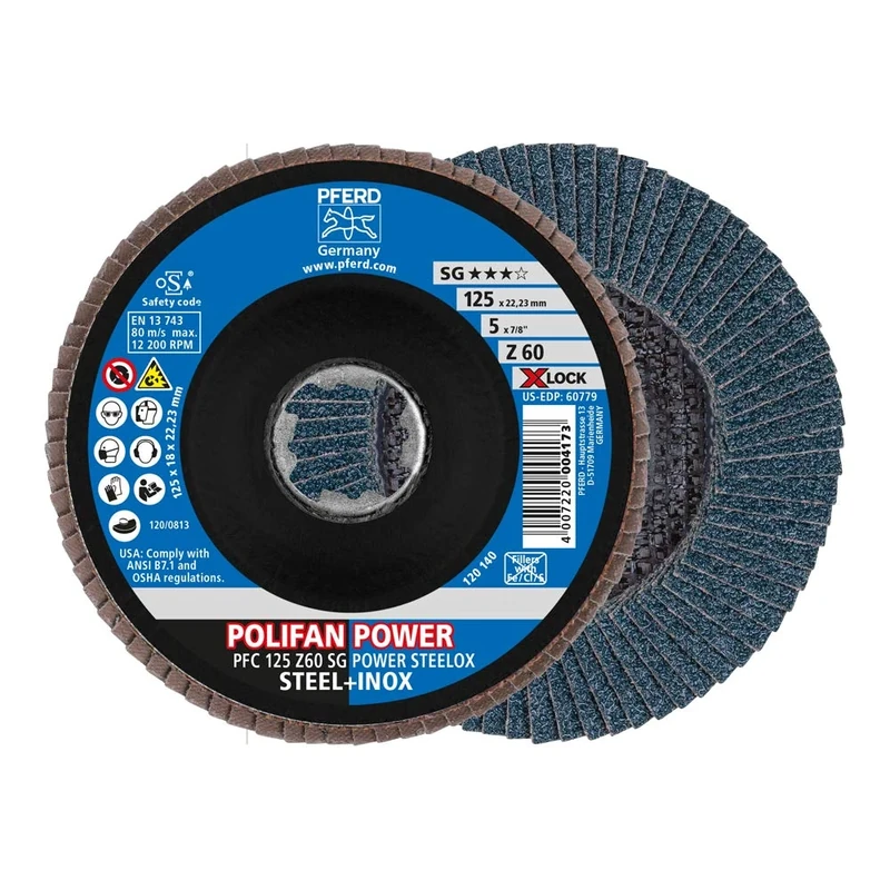 Pferd Polifan disc 125 mm Zirconium Corundum, Grain Size 60, SG Power Steelox, X-Lock (22.23 mm), 10 Pieces - for Highest Efficiency Thanks to Aggressive Machining