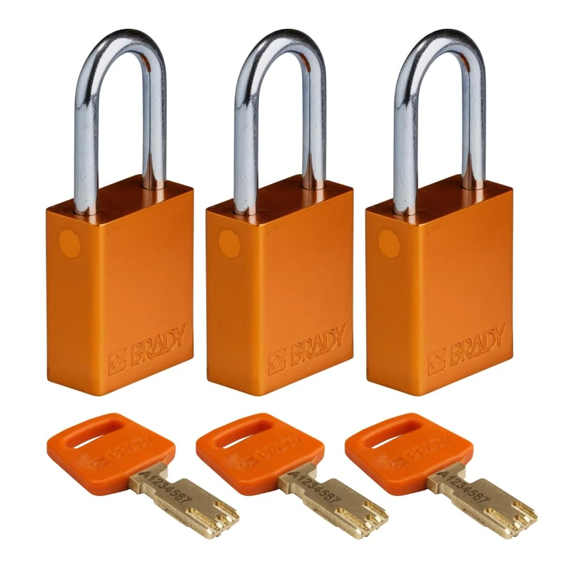 Brady SafeKey Padlock Aluminum 3-pack - Lockout Padlock with Key - Lockout Tagout Security Lock for Indoor and Outdoor Use - Shackle Height 38.10 mm - Keyed Alike - Orange