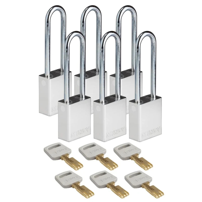 Brady SafeKey Padlock Aluminum 6-pack - Lockout Padlock with Key - Lockout Tagout Security Lock for Indoor and Outdoor Use - Shackle Height 76.20 mm - Keyed Differently - Silver