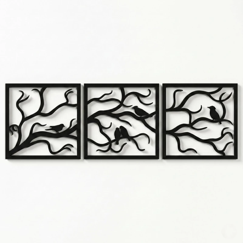 DEKADRON Metal Wall Art, Birds on Branch, 3 Panels, 102x33cm, Black, Textured Powder Coated, Indoor/Outdoor, Contemporary, Nature, Wall Mount, 3 Count, Living Room, Bedroom, Dining Room