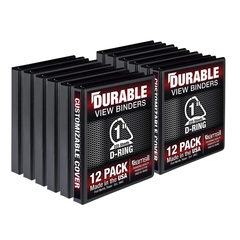 Samsill Durable 1 Inch Binder, Made in The USA, D Ring Binder, Customizable Clear View Cover, Black, 12 Pack, Each Holds 225 Pages