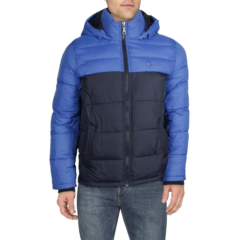 Tommy Hilfiger Men's Hooded Puffer Jacket Down Alternative Coat, Royal Blue Color Block, L