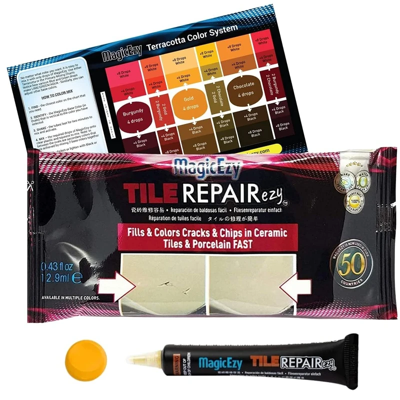 MagicEzy Tile RepairEzy (Gold) - Ceramic Tile Chip Repair Filler - Porcelain Crack Repair Kit - Gap Filler - Tile Putty - Bathroom Floor Tiles, Counter Tops - Wall Touch Up Pen