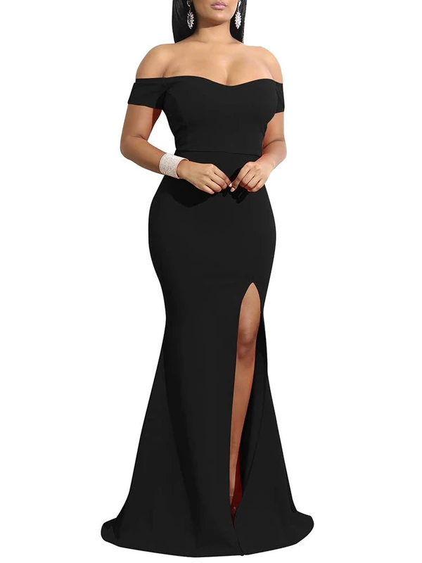 YMDUCH Women's Off Shoulder High Split Long Formal Party Dress Evening Gown, Black, M