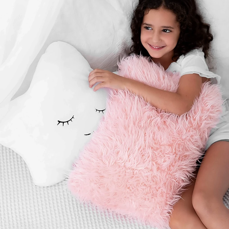Set of 2 Decorative Throw Pillows for Baby Girls, Kids. Star Furry White w/ Cute Embroidered Sleeping Face and Fluffy Pink Faux Fur, Soft and Plush - for Crib - Nursery Toddler or Teen Bedroom Décor