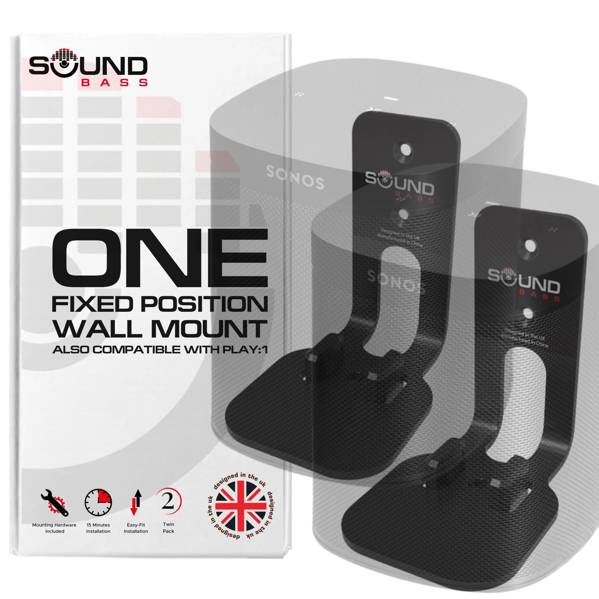 Sound bass ONE, ONE Gen 2, ONE SL & Play:1 Wall Mount Bracket, Twin Pack [2pcs], Black, Compatible with Sonos ONE, ONE Gen 2, ONE SL & PLAY1 Speaker